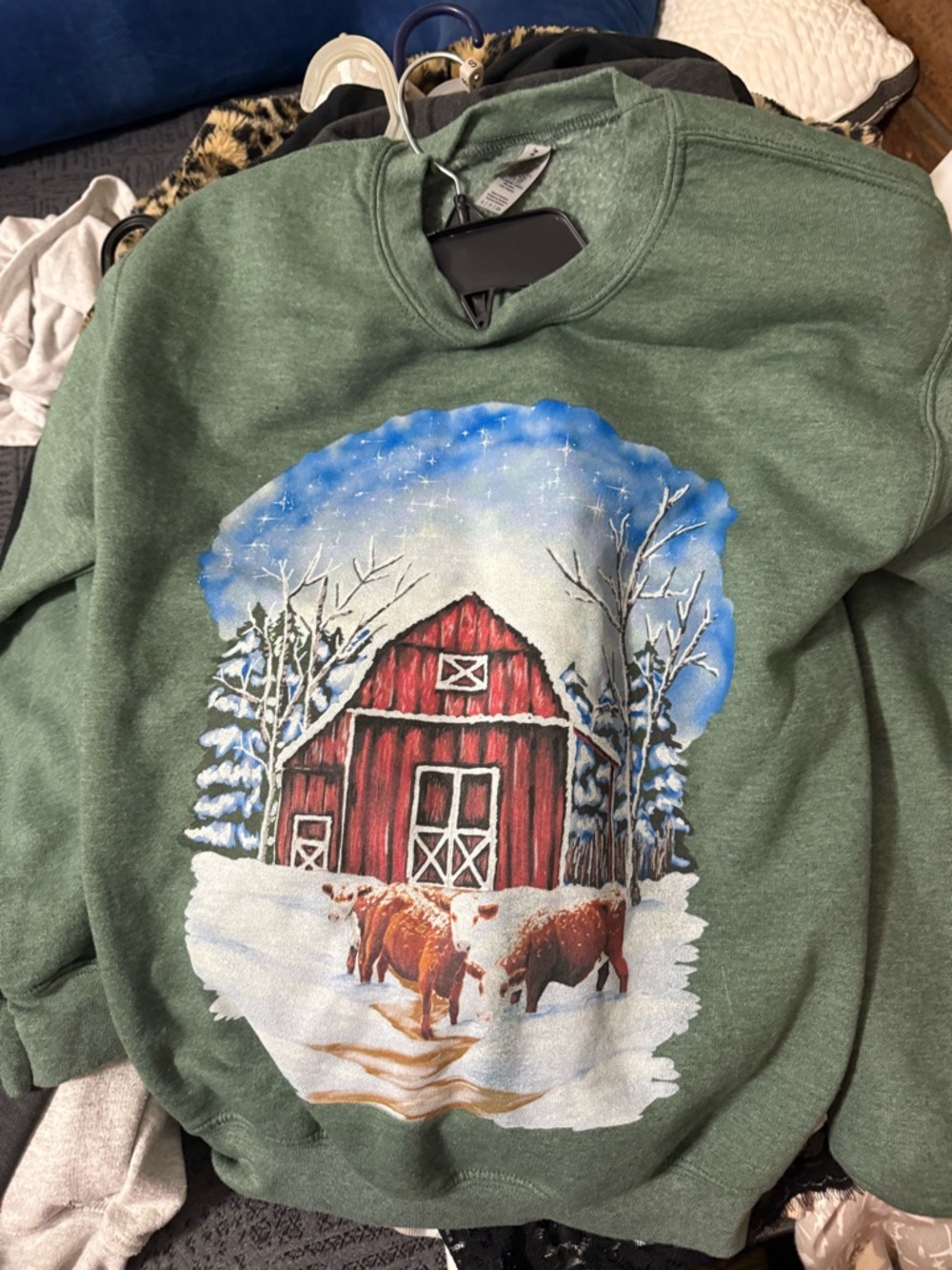 Gildan Green Sweatshirt with Red Barn and Cows Graphic